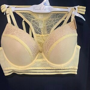 French affairs Women 2 Piece Padded Push Up Bra With Panties Set, Yellow 32C